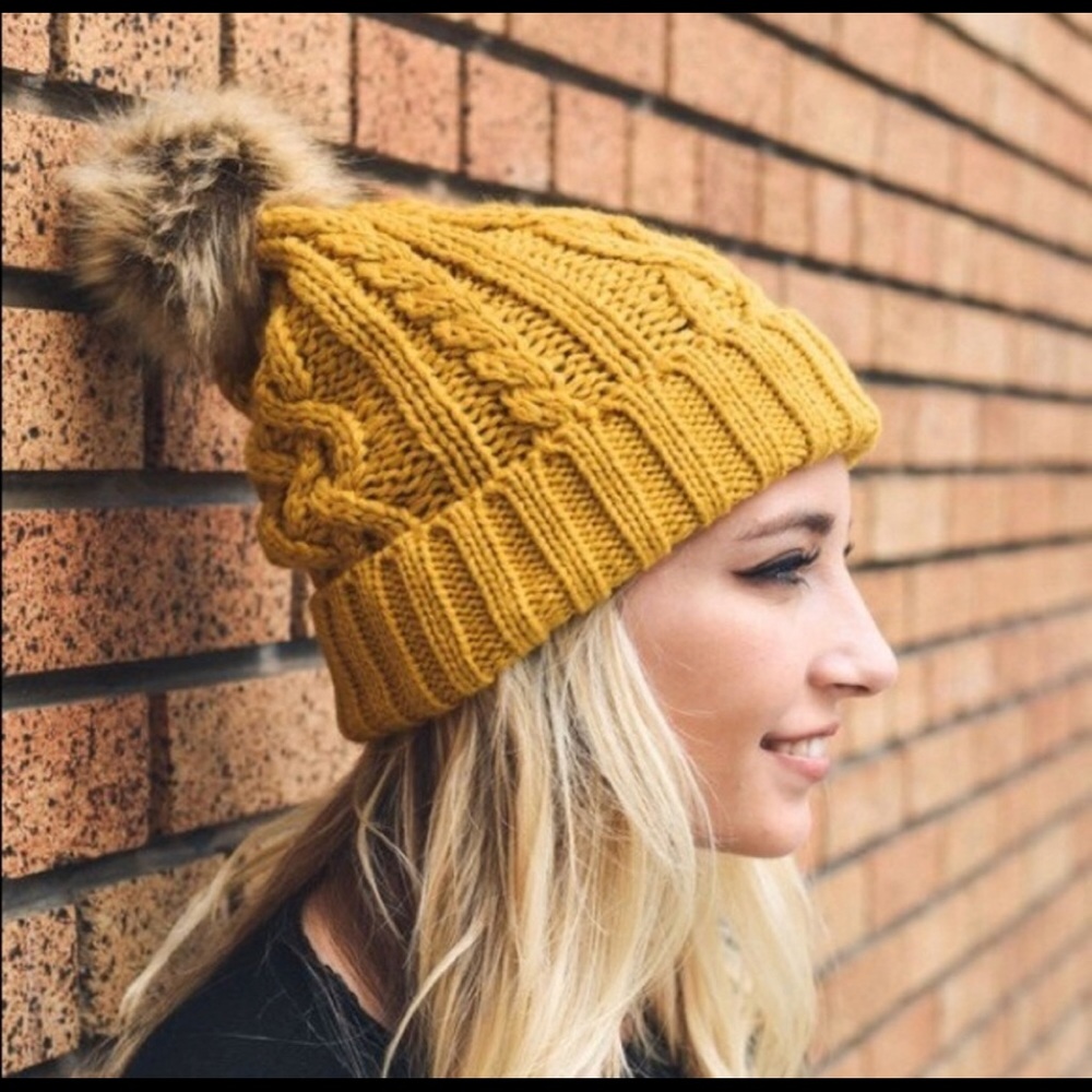 Mustard Sweater Knit Pompom Beanie